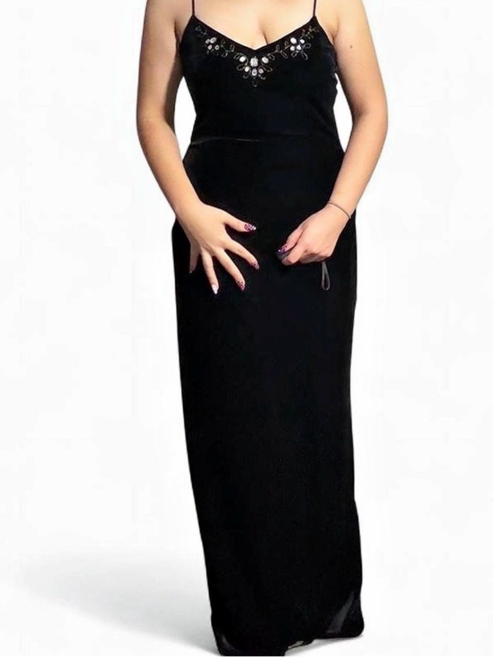 Classic Black Beaded Spaghetti-Strap Evening Dress